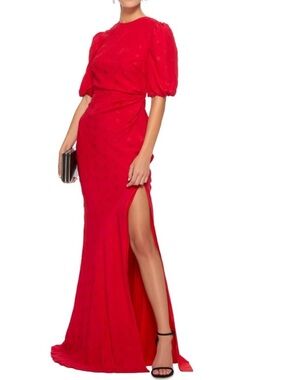 SALONI Red Puff-Sleeve Maxi Dress with High Thigh Slit